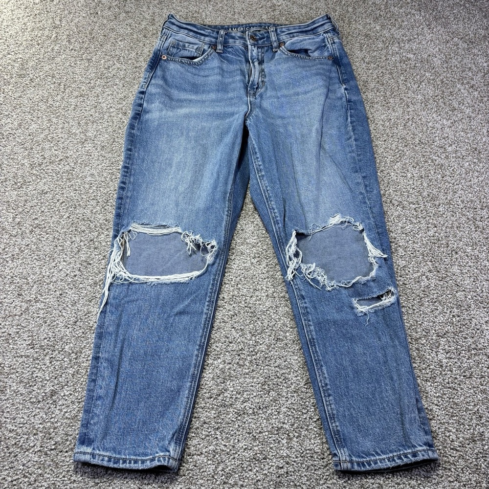 American Eagle Mom Jeans Womens 4 X-Short Med Wash High Rise Distressed Denim